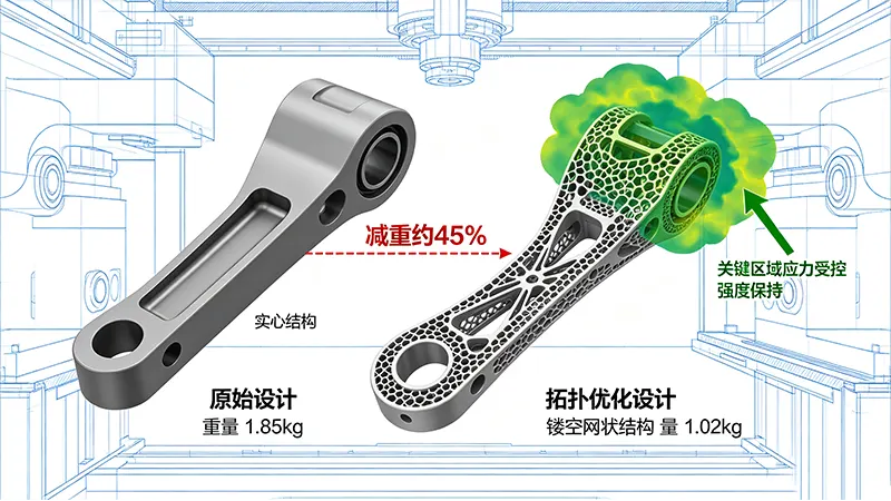 原始实心结构与拓扑优化镂空结构对比及应力分布云图