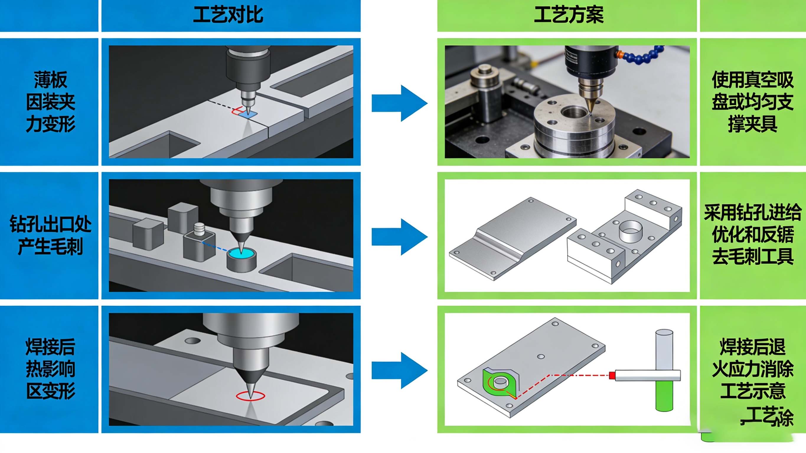 低碳钢手板加工变形、毛边问题与真空夹具、去毛刺工具、退火工艺等解决方案示意图