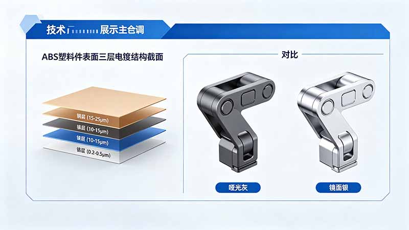 ABS電鍍層結(jié)構(gòu)：銅鎳鉻三層，厚度對(duì)比