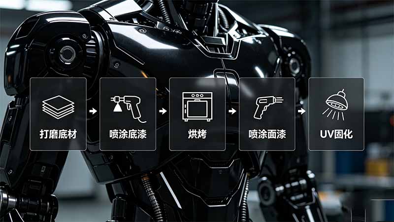 噴漆工藝流程：打磨→底漆→烘烤→面漆→UV固化