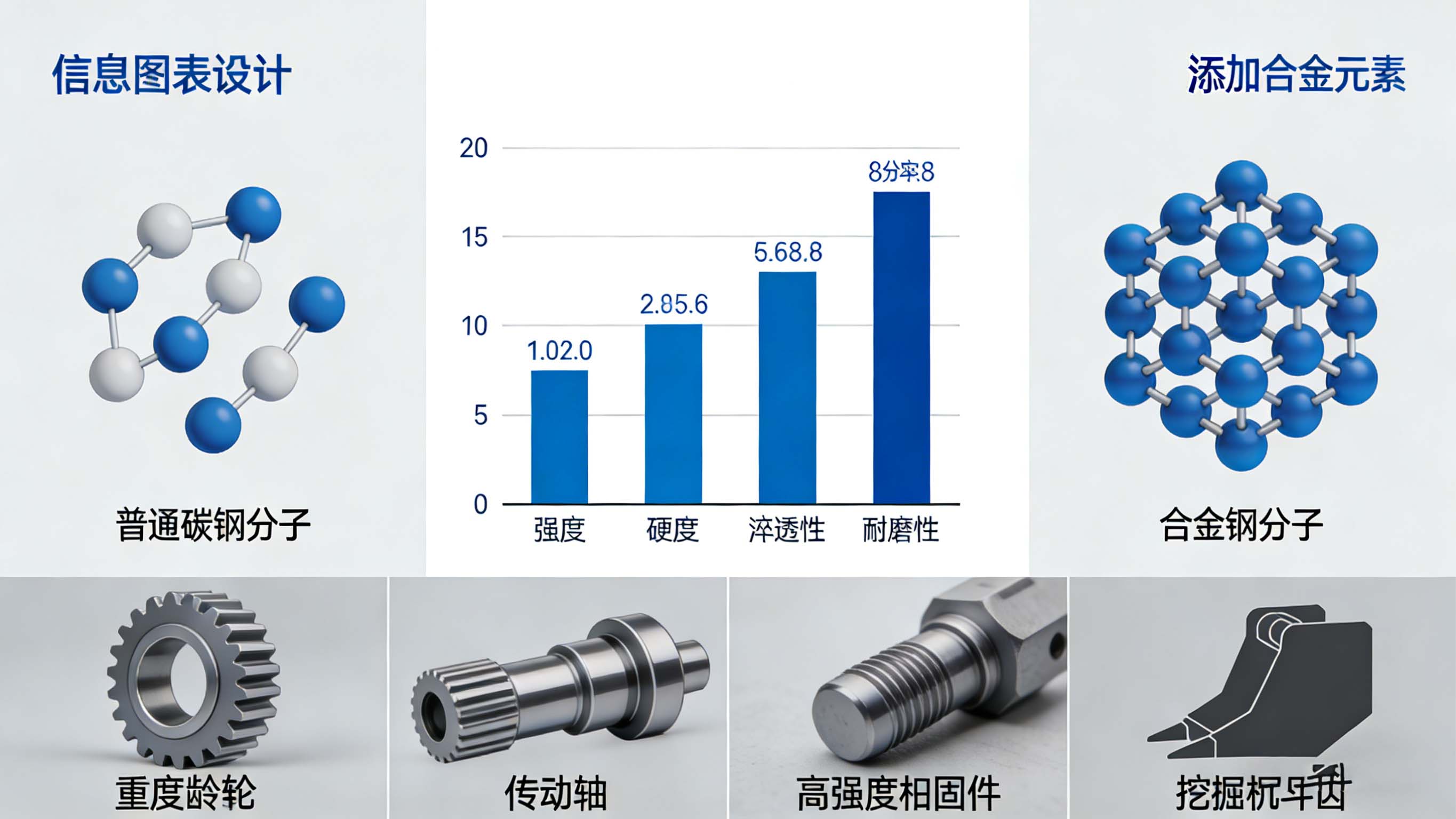合金钢与碳钢性能对比及其在重载齿轮、传动轴等领域的应用示意图