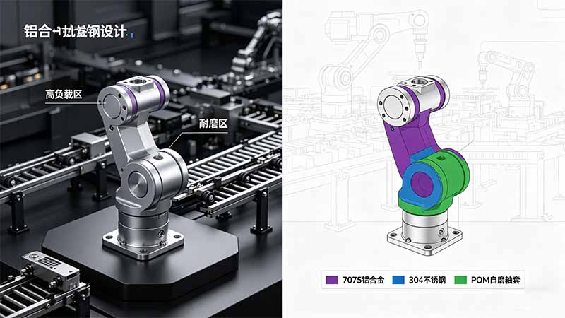 工業機器人關節材質分區：鋁合金承力區、不銹鋼耐磨區、POM自潤滑軸套