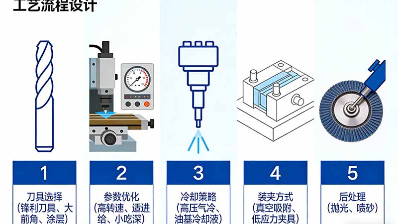 手板表面粗糙系統性解決方案：刀具選擇、參數優化、冷卻策略、裝夾方式、后處理五維度流程圖